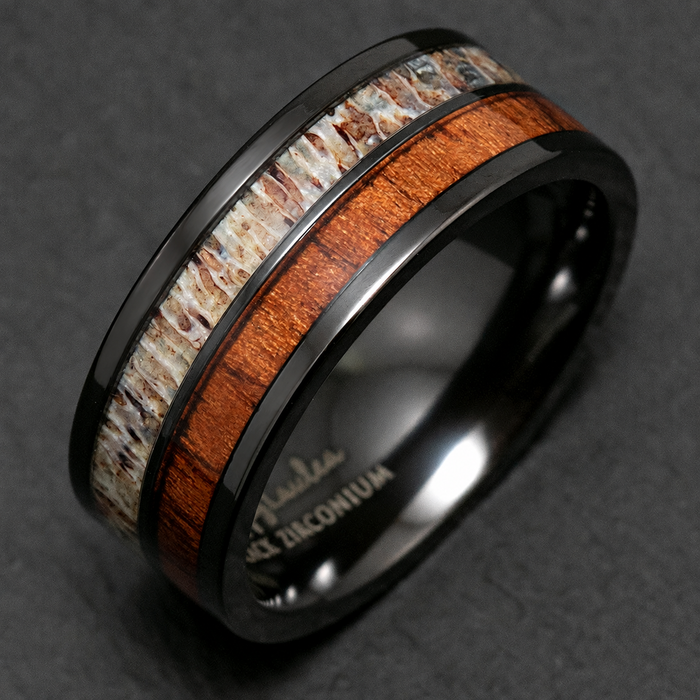 Black zirconium ring with antler and Hawaiian koa wood inlay