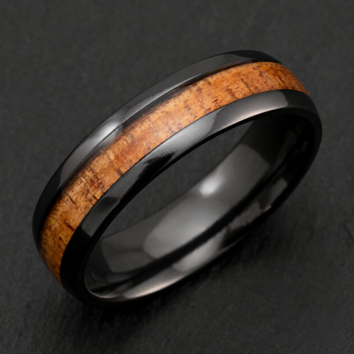 Black zirconium 6mm ring with Hawaiian koa wood inlay