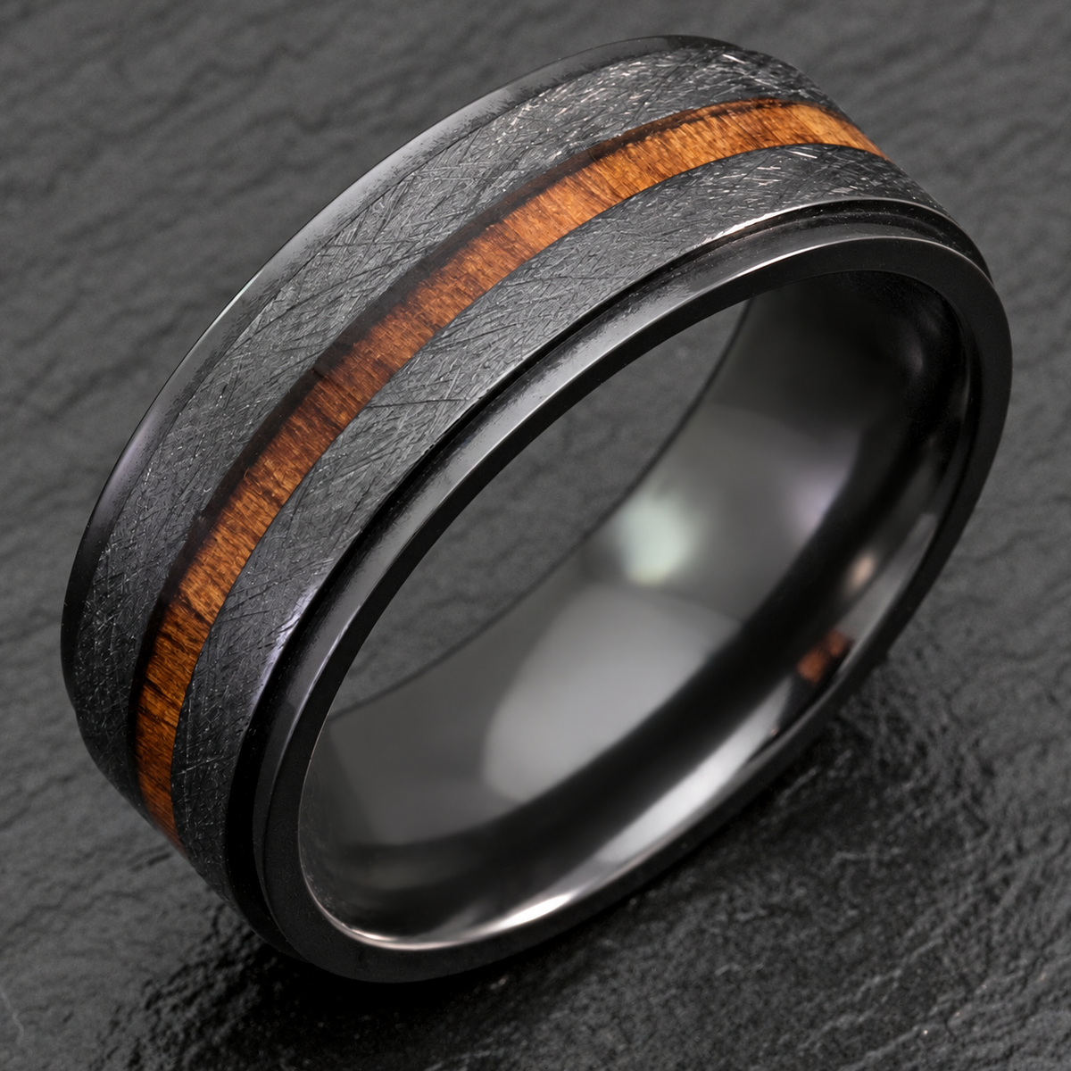 Black zirconium step edge ring with Hawaiian koa wood