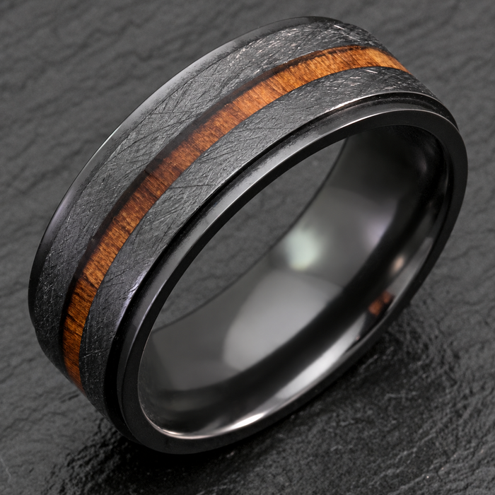 Black zirconium step edge ring with Hawaiian koa wood