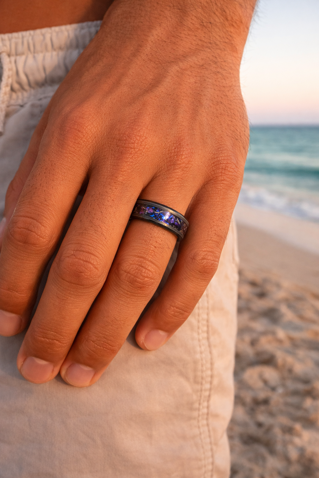 Black Titanium Beveled Ring & Blue Fire Opal