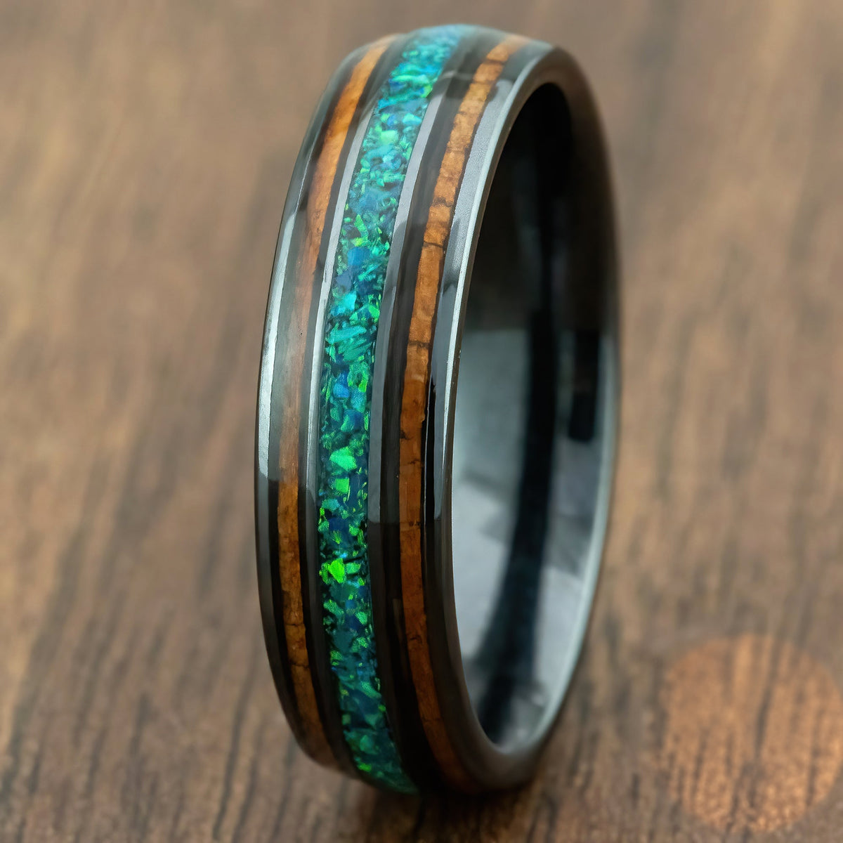 HI-TECH Black Ceramic Ring 'The Aina' [6mm width] Green Opal & Hawaiian Koa Wood