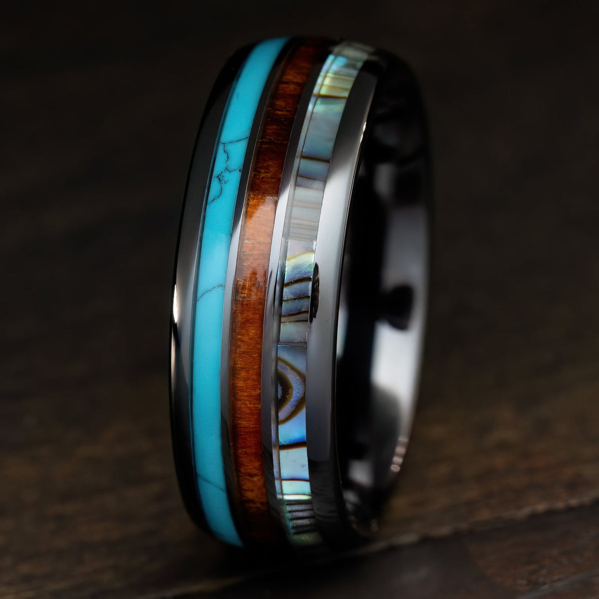 HI-TECH Black Ceramic Ring [8mm width] Turquoise, Hawaiian Koa Wood, & Abalone Shell