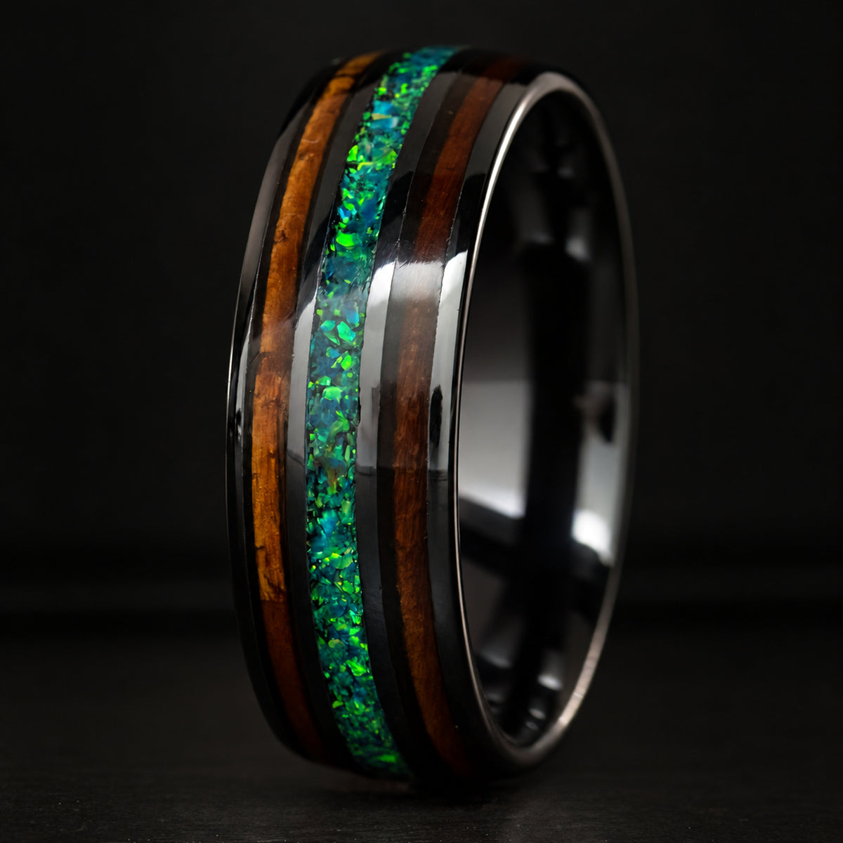 The Aina black ceramic ring with green opal and Hawaiian koa wood