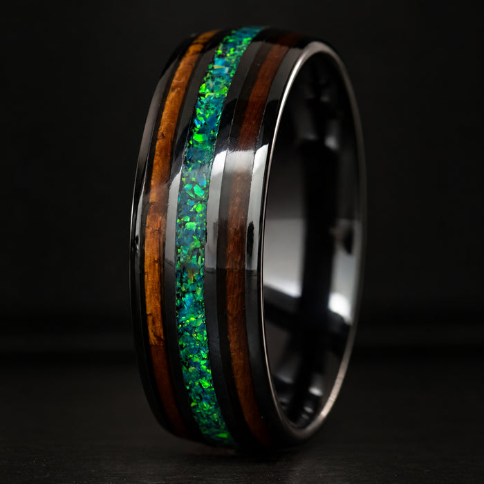 The Aina black ceramic ring with green opal and Hawaiian koa wood