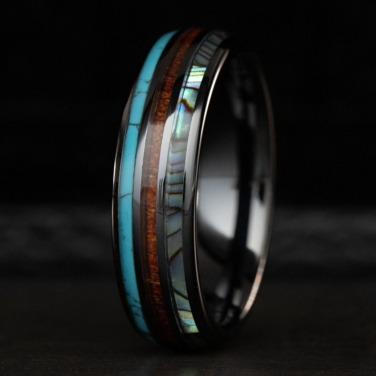 HI-TECH Black Ceramic Ring [6mm width] Turquoise, Hawaiian Koa Wood, & Abalone Shell