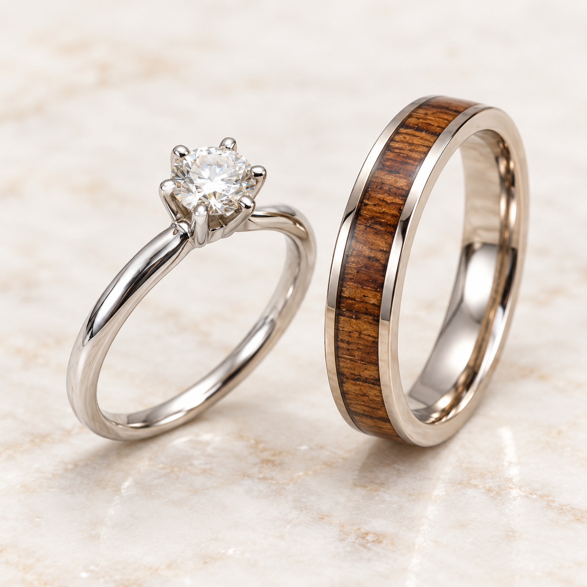 Diamond solitaire and koa wood ring set, alternate angle