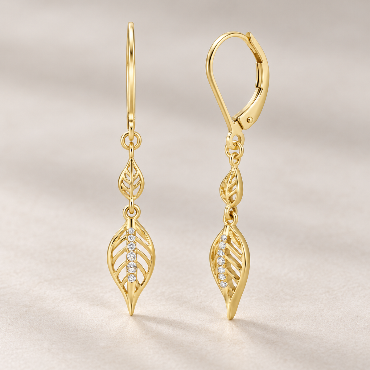 14K yellow gold diamond maile leaf leverback earrings, alternate angle