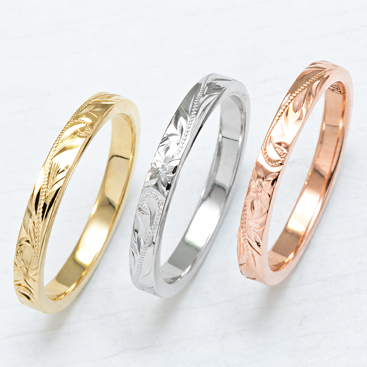 Solid Gold [2.5mm] Hawaiian Jewelry Hand Engraved Ring - Flat Shape