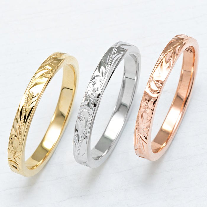 Solid Gold [2.5mm] Hawaiian Jewelry Hand Engraved Ring - Flat Shape