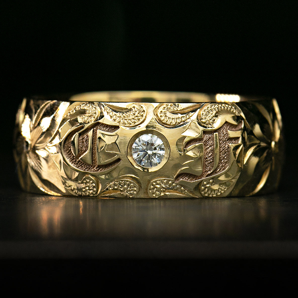Two Initial 14K Gold Hawaiian Jewelry Diamond Ring / 8mm width / Dome Shape
