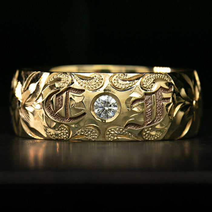 Two Initial 14K Gold Hawaiian Jewelry Diamond Ring / 8mm width / Dome Shape