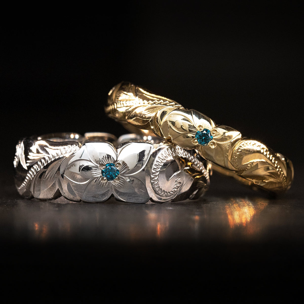 Solid Gold Hawaiian Jewelry Ring [4mm or 6mm] Blue Diamond Setting