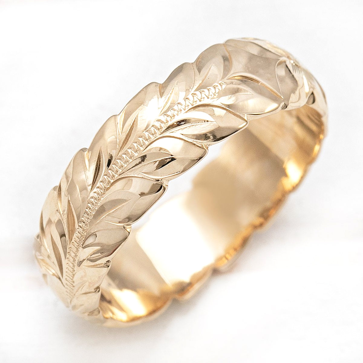 Solid Gold Hand Engraved Ring [6mm] Hawaiian Maile Leaf Design - Barrel Shape