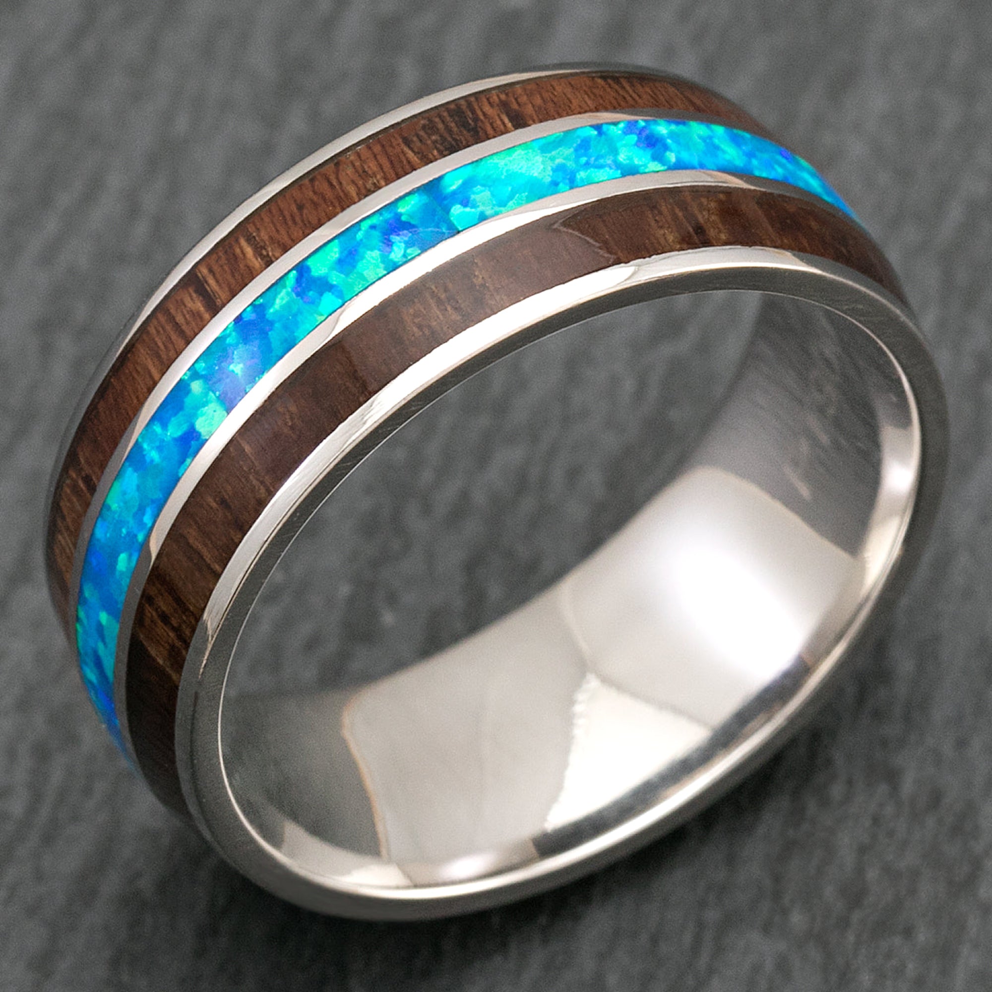 14K White Gold or Platinum Ring with Hawaiian Koa Wood & Blue Opal Tri-Inlay - 8mm, Dome Shape, Comfort Fitment