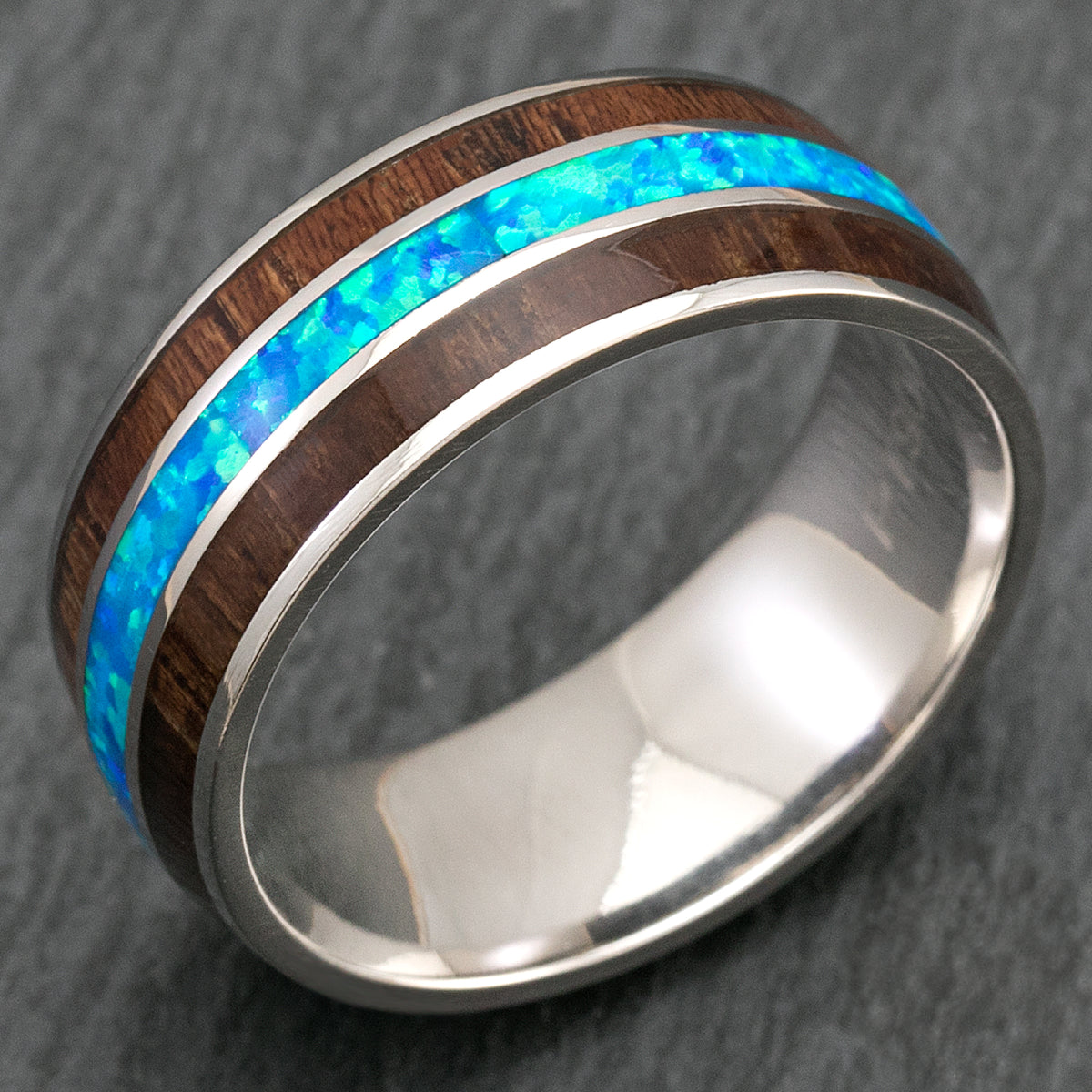 14K White Gold or Platinum Ring with Hawaiian Koa Wood & Blue Opal Tri-Inlay - 8mm, Dome Shape, Comfort Fitment