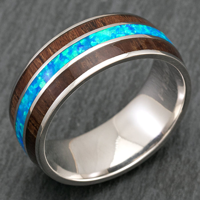 14K White Gold or Platinum Ring with Hawaiian Koa Wood & Blue Opal Tri-Inlay - 8mm, Dome Shape, Comfort Fitment