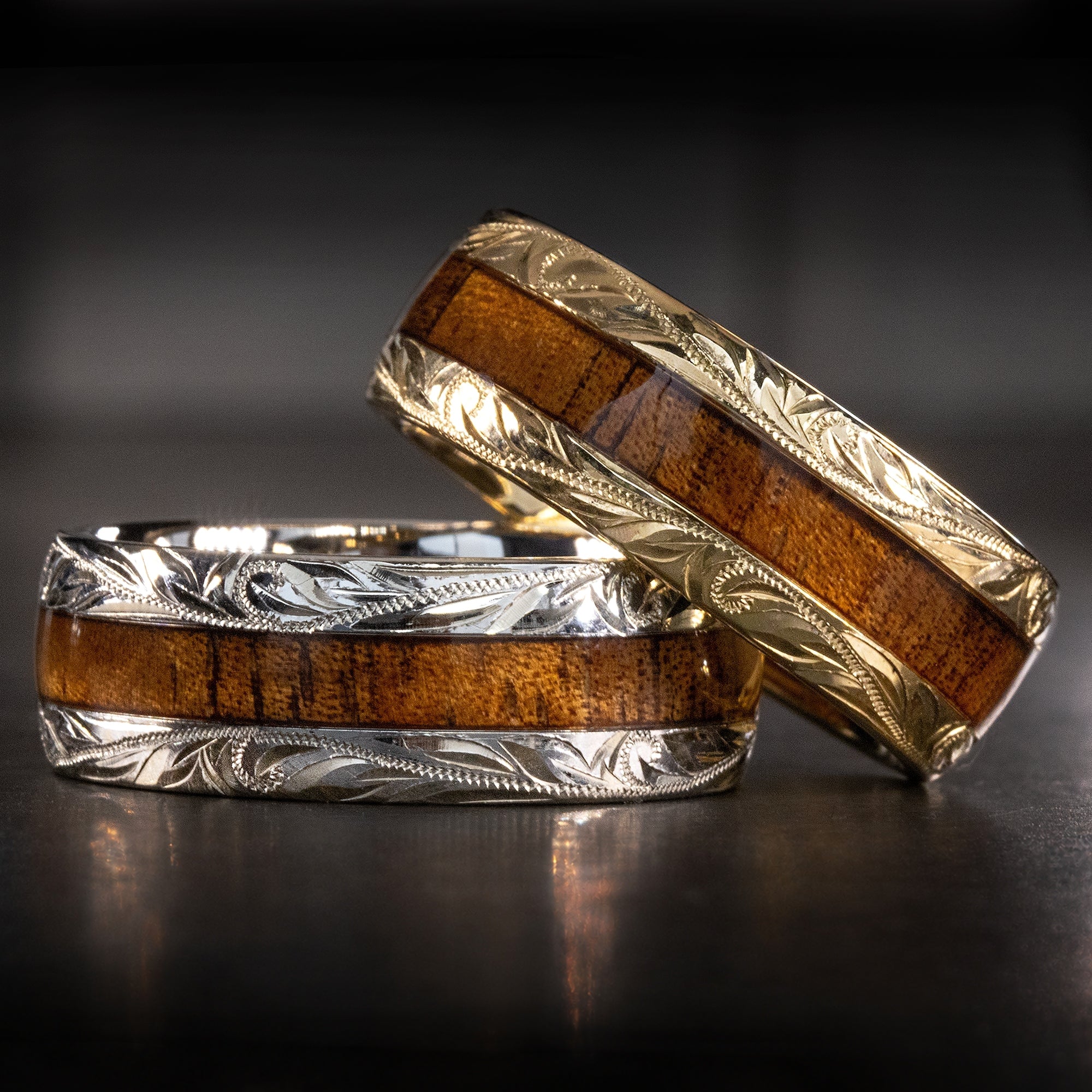 Solid Gold Hand Engraved Ring & Hawai'i Koa Wood Inlay [Custom Made]