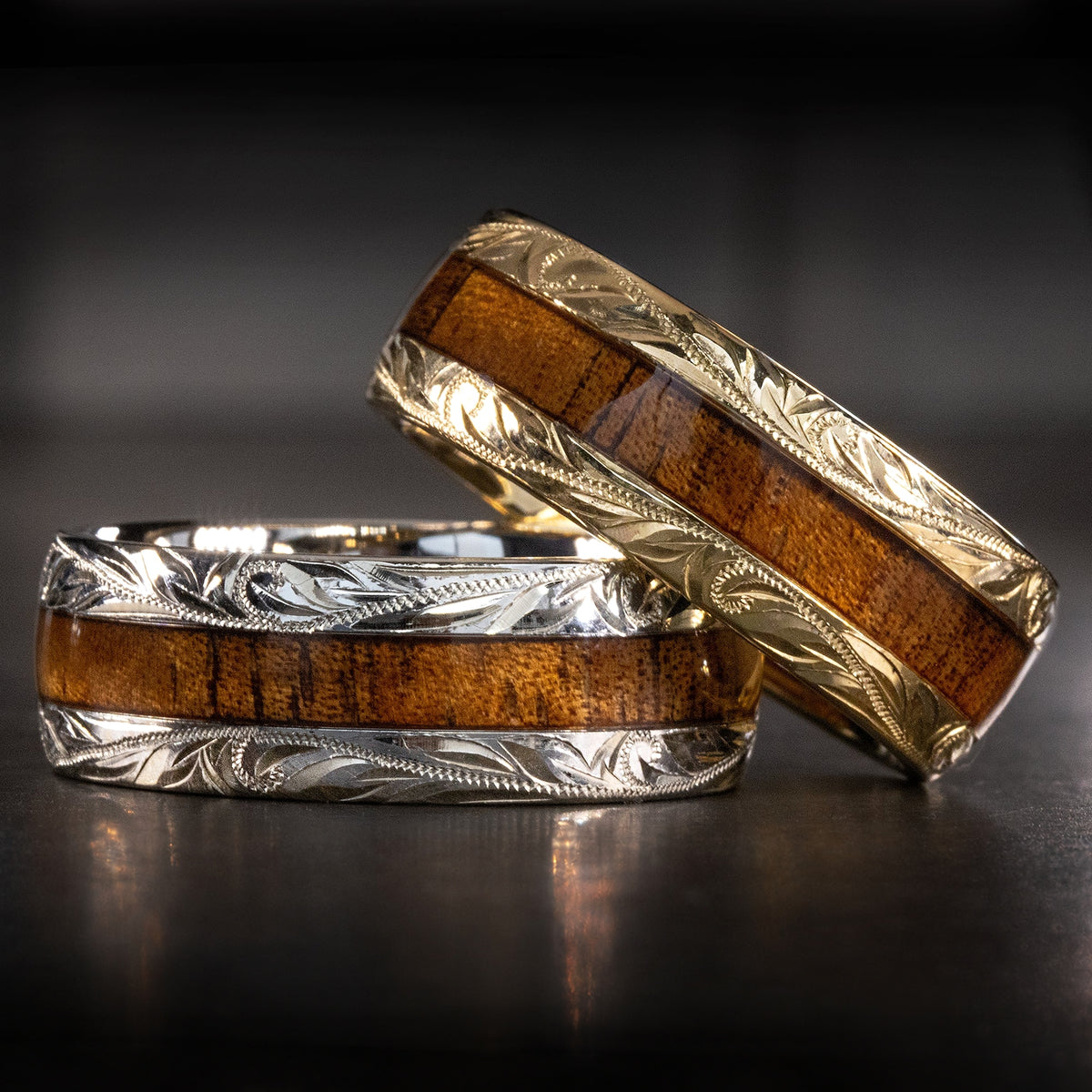Solid Gold Hand Engraved Ring & Hawai'i Koa Wood Inlay [Custom Made]