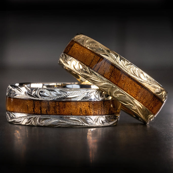 Solid Gold Hand Engraved Ring & Hawai'i Koa Wood Inlay [Custom Made]