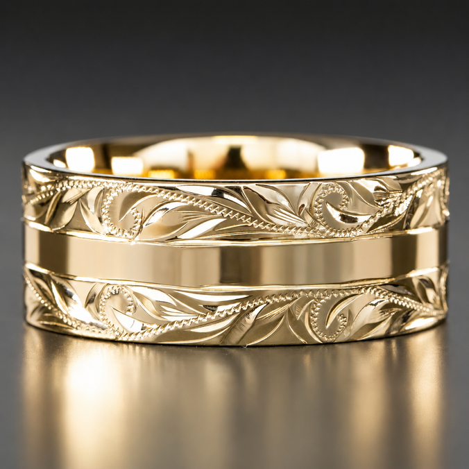 Solid Gold Contemporary Hawaiian Jewelry Ring [8mm width] Hand Engraved Old English