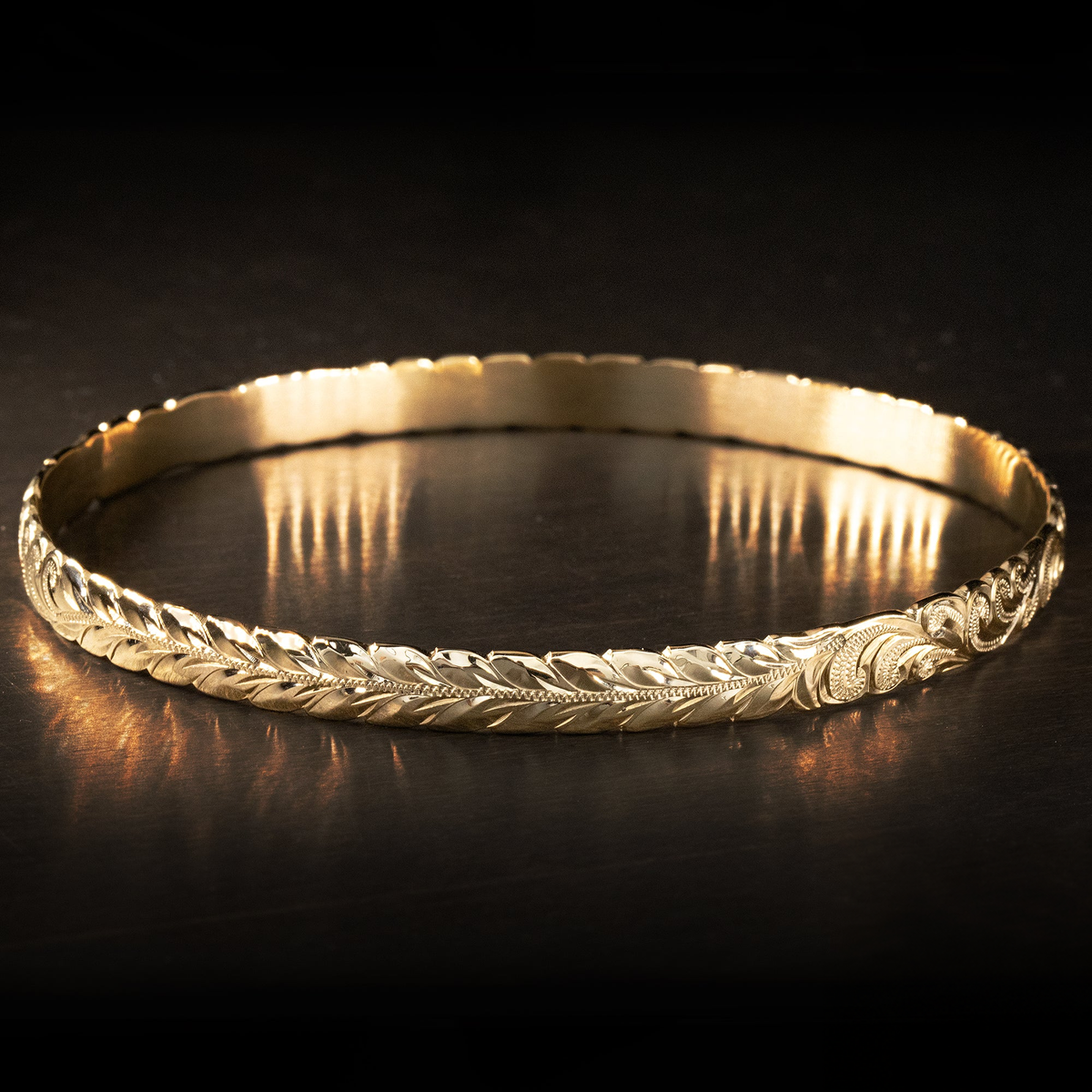 14K Gold Hawaiian Heirloom Maile & Scroll Bangle with Cutout Wave Edges [6mm width] Barrel Shape