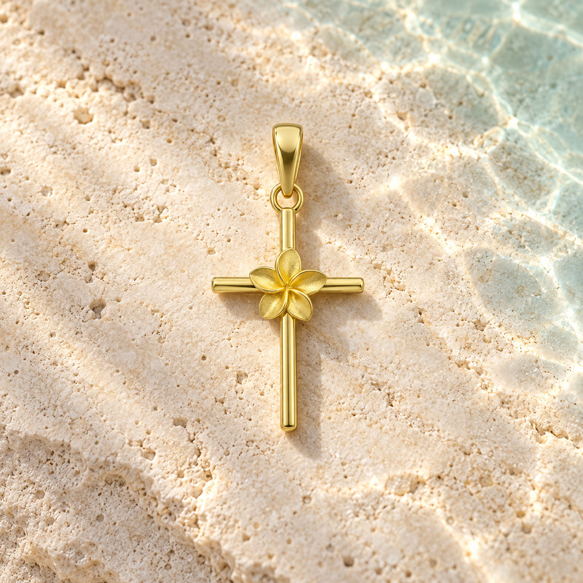 Solid Gold mini Plumeria Cross Pendant