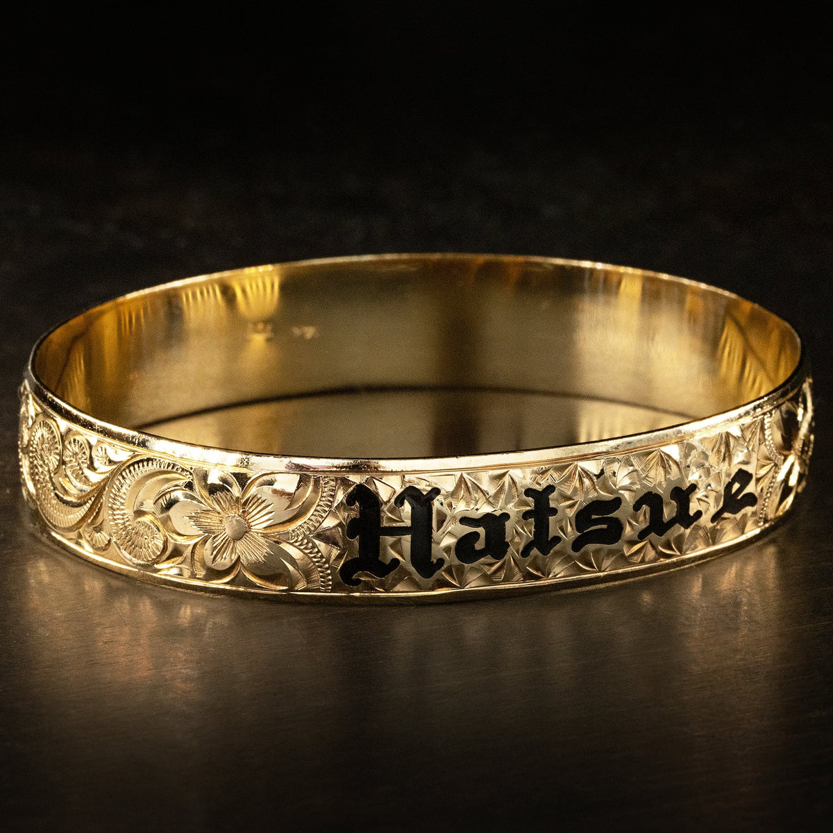 Solid Gold Hawaiian Heirloom Jewelry Bracelet [12mm width] Black Enamel Custom Name Lettering