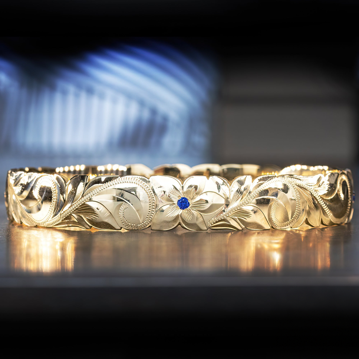 Hawaiian Heirloom Bracelet [12mm width]  Solid Gold Sapphire Settings