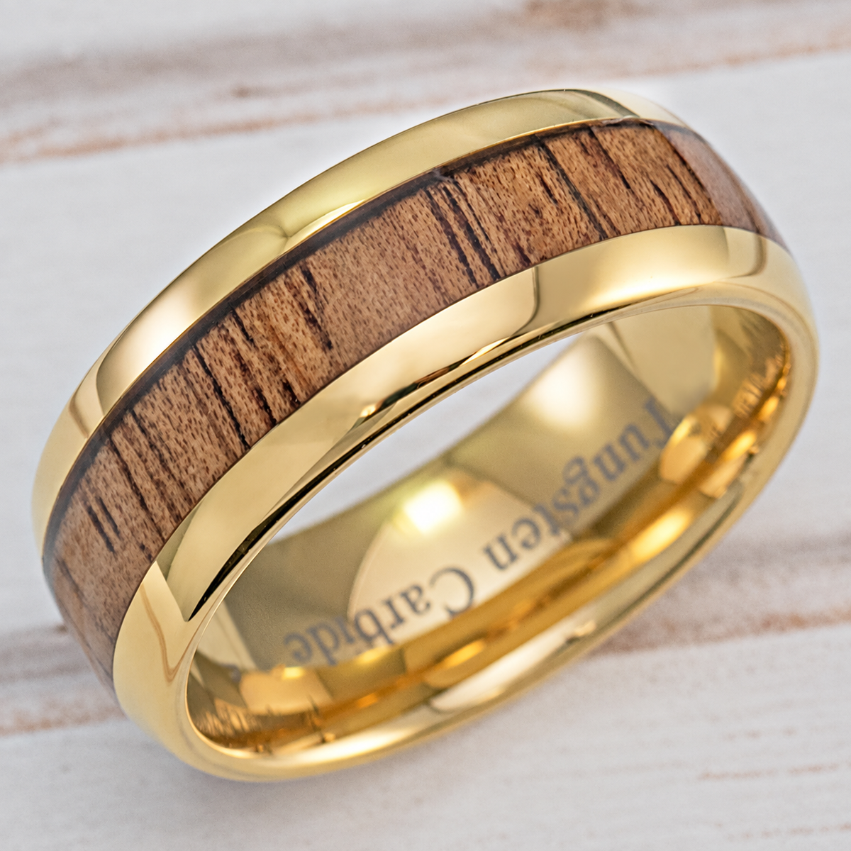 Gold plated tungsten ring with Hawaiian koa wood inlay