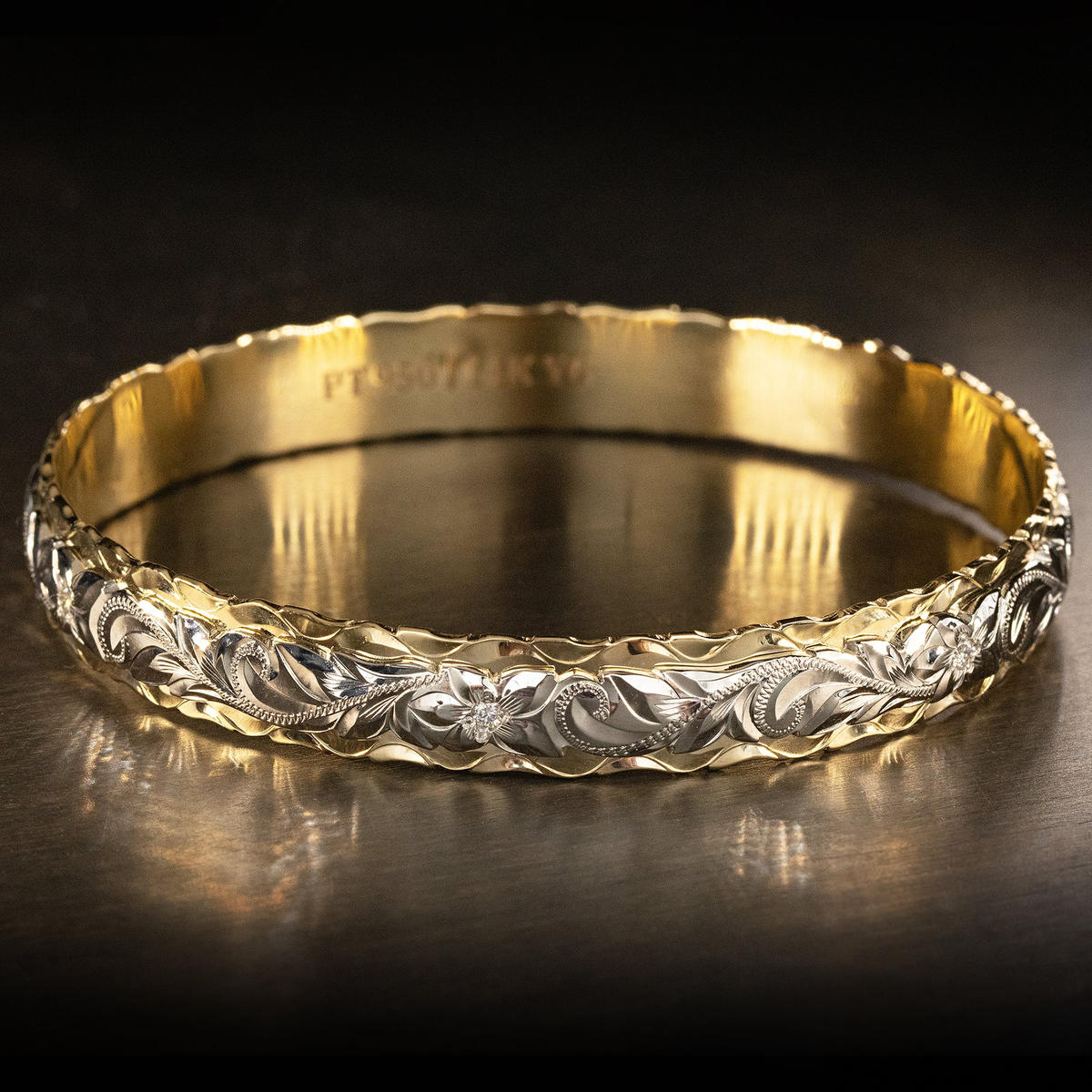 14K Gold Two Tone Bracelet [10mm x 6mm] Hawaiian Jewelry Hand Engraved Old English Design