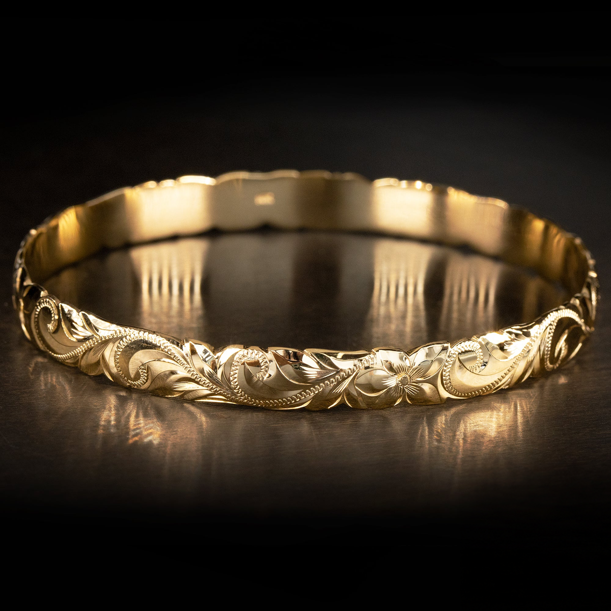 Gold Hawaiian Heirloom Bracelet with Cutout Wave Edges [8mm width] Barrel Shape