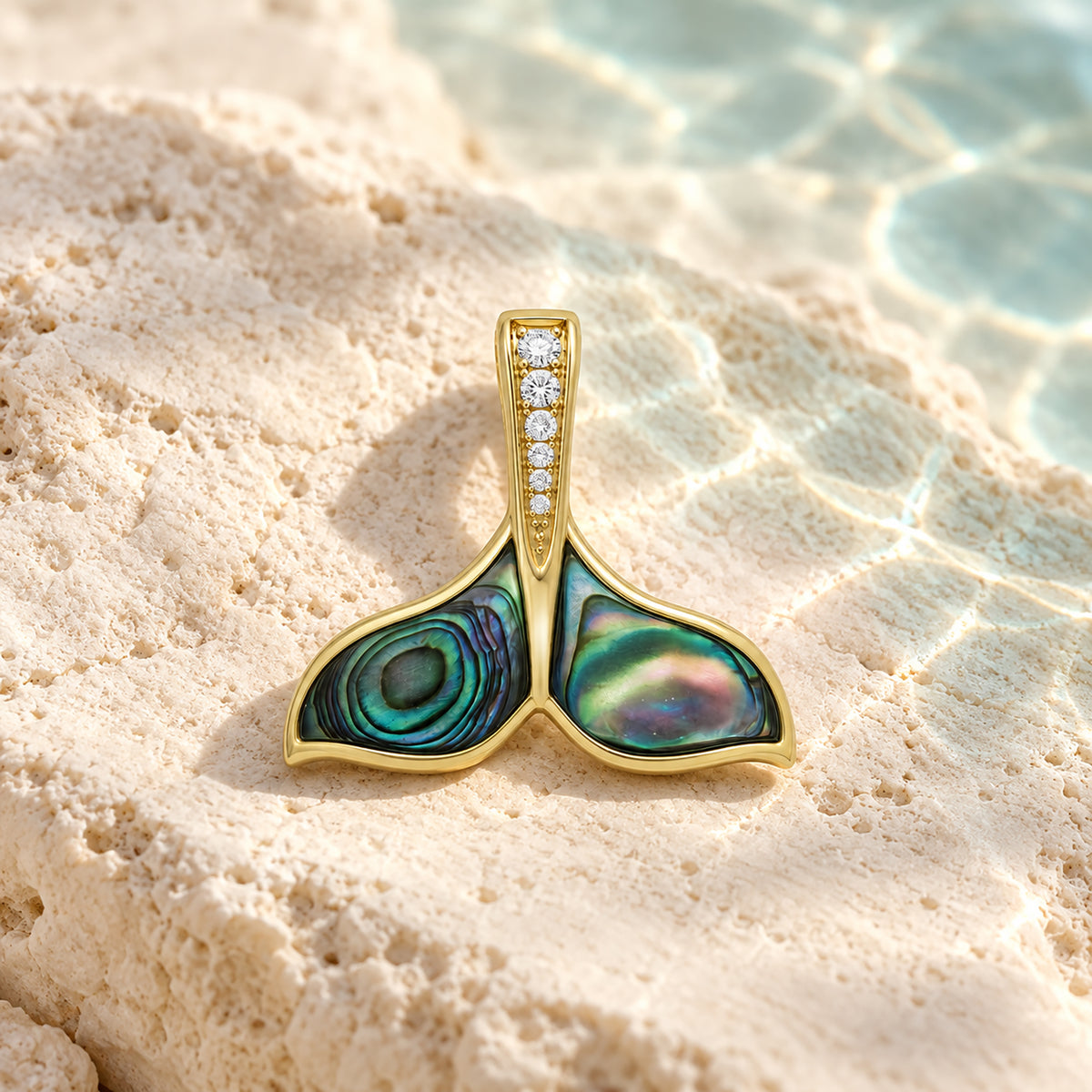 Solid Gold Diamond Abalone Whale Tail Pendant