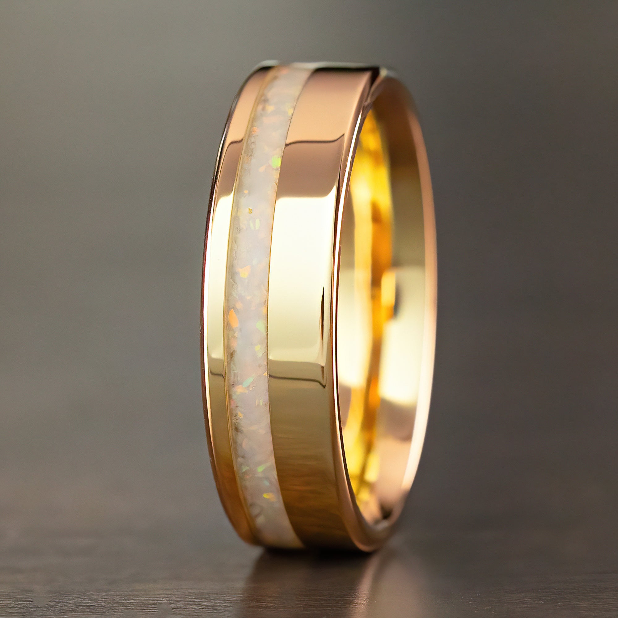 Solid Gold High Polish Ring [7mm width] White Opal Offset