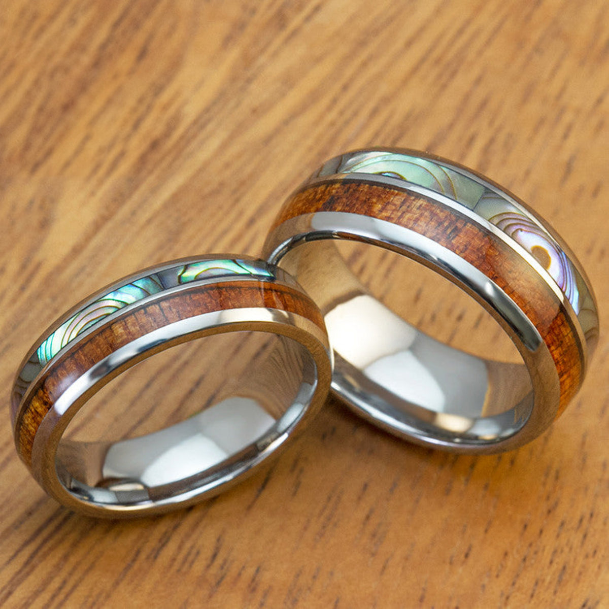 Pair of Tungsten Couple/Wedding Band Set with Abalone Shell &  Koa Wood Duo-Inlay - 6&8mm, Dome Shape, Comfort Fitment