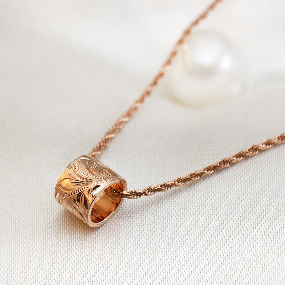 14k Rose Gold Tube Necklace Hand Engraved Hawaiian Floral Design with Rope Chain