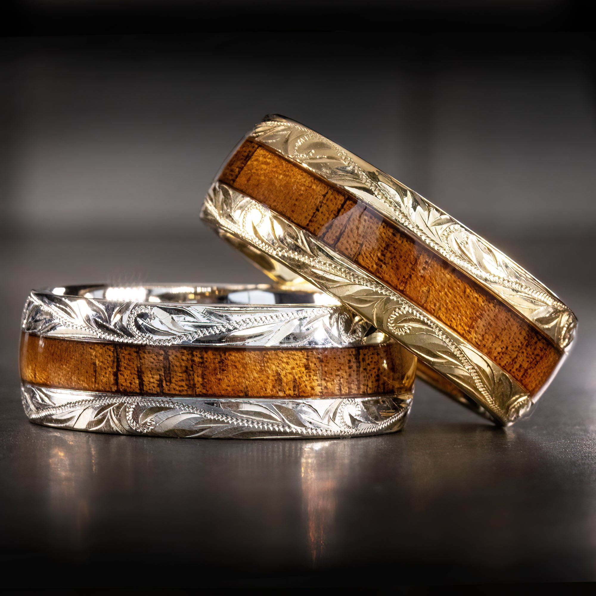 14K Gold Hand Engraved Ring [8mm width] Hawaiian Koa Wood Inlay