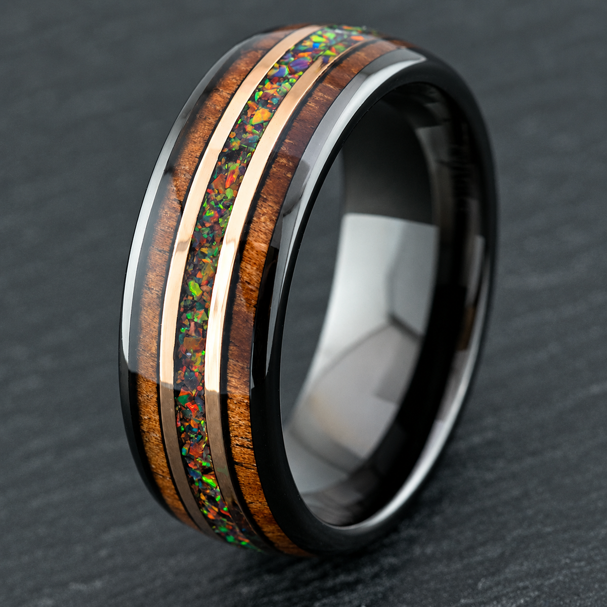 Gun grey tungsten ring with fire opal koa wood and rose gold