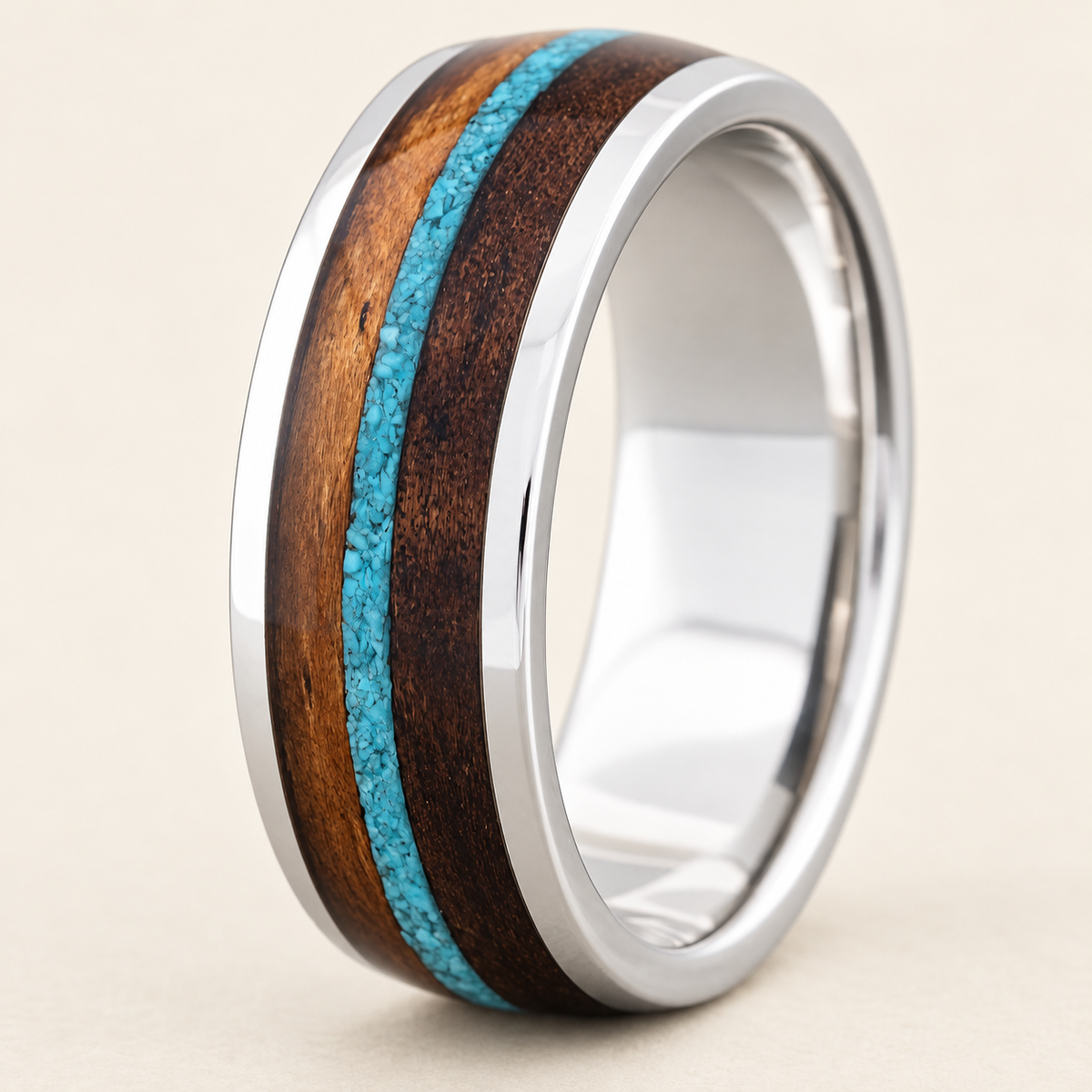 White gold 8mm ring with turquoise and Hawaiian koa wood inlays, upright oblique view on ivory