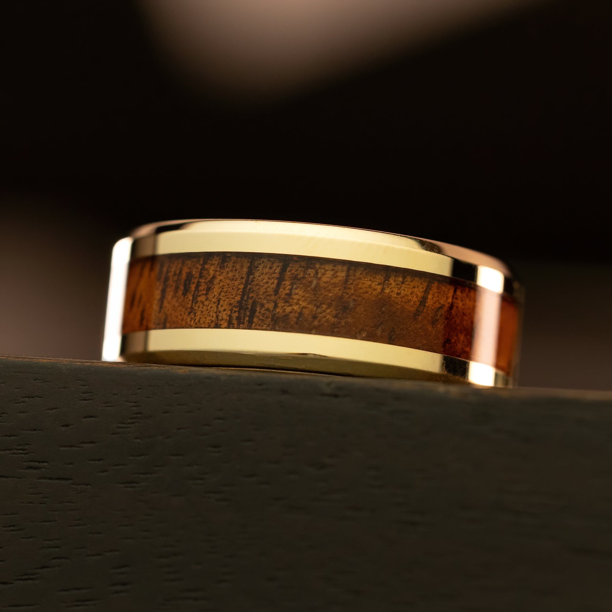 Solid Gold Beveled Edged Ring [8mm width] Hawai'i Koa Wood