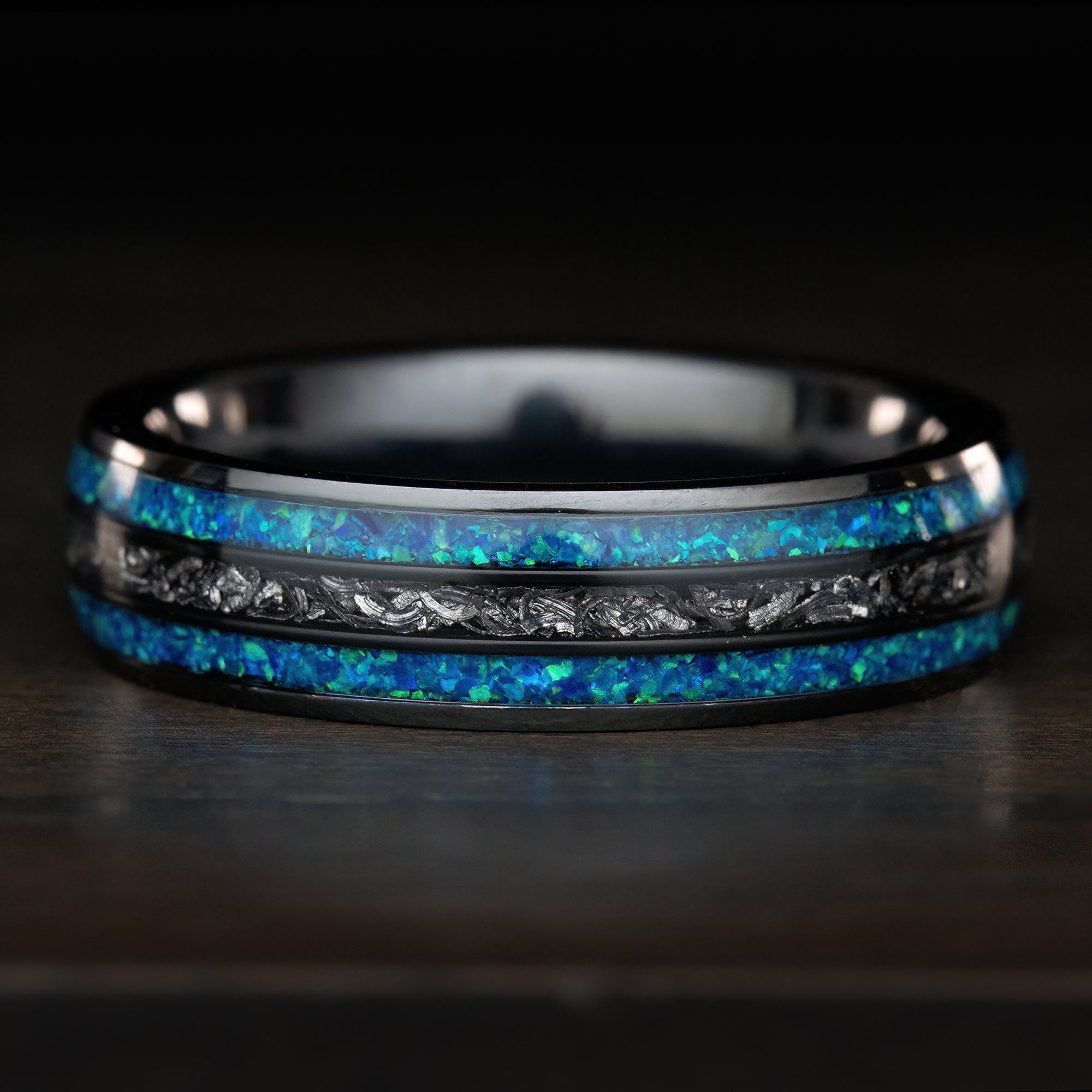 Black Titanium [6mm width] Azure Blue Opal & Meteorite