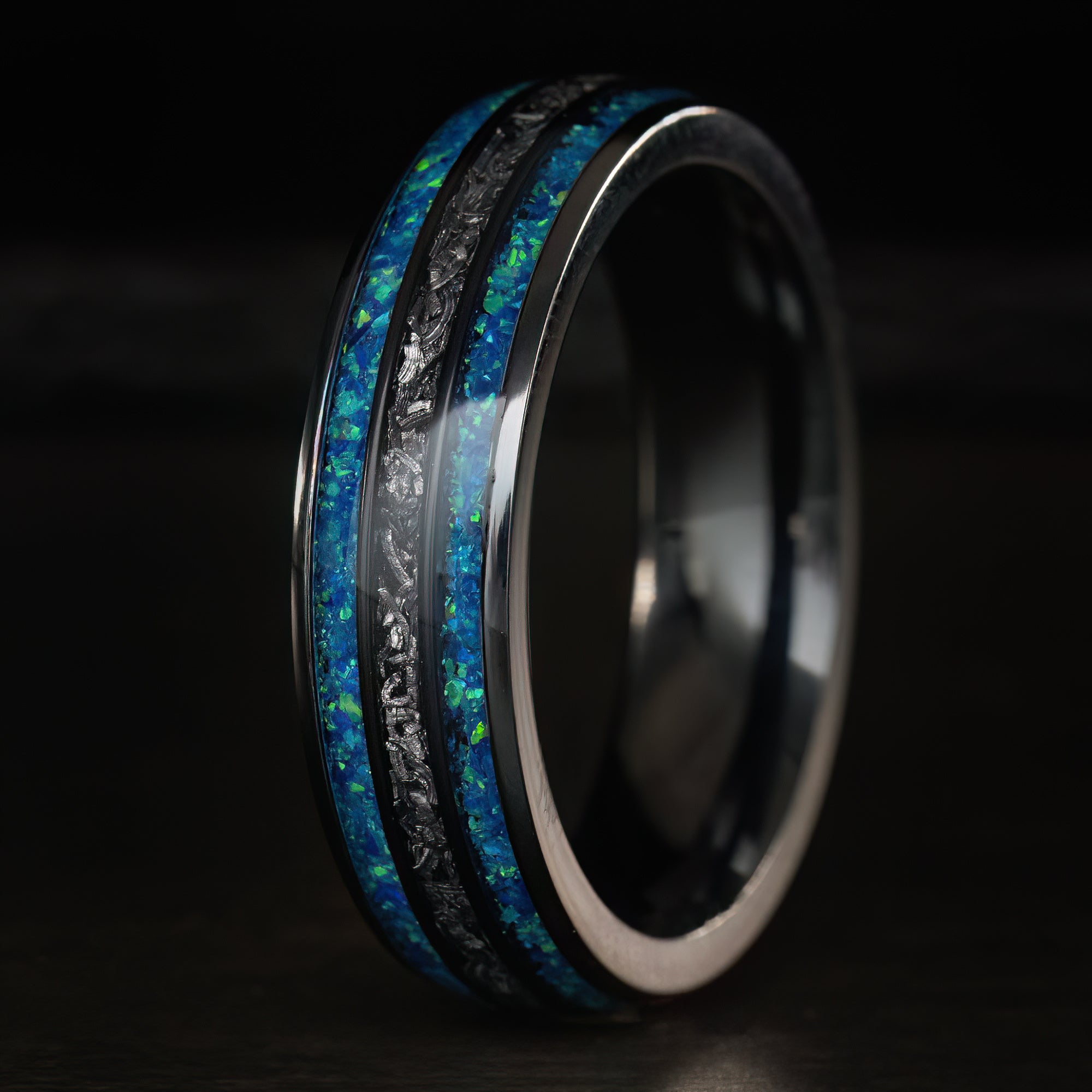 Black Titanium [6mm width] Azure Blue Opal & Meteorite