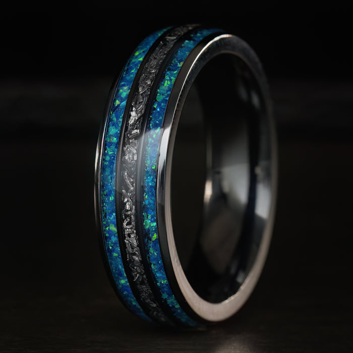 Black Titanium [6mm width] Azure Blue Opal & Meteorite