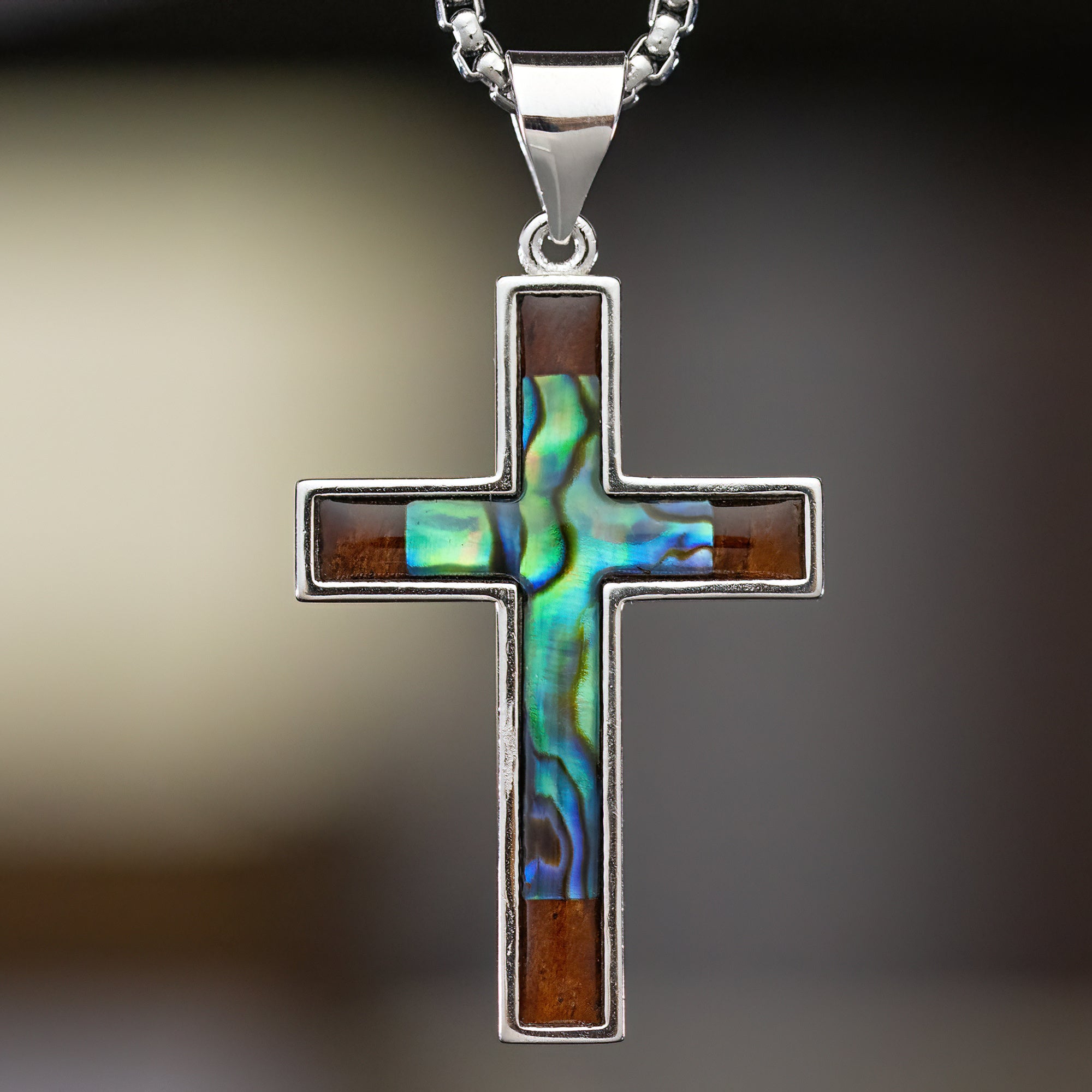 Sterling Silver Cross Pendant with Abalone Shell & Hawaiian Koa Wood