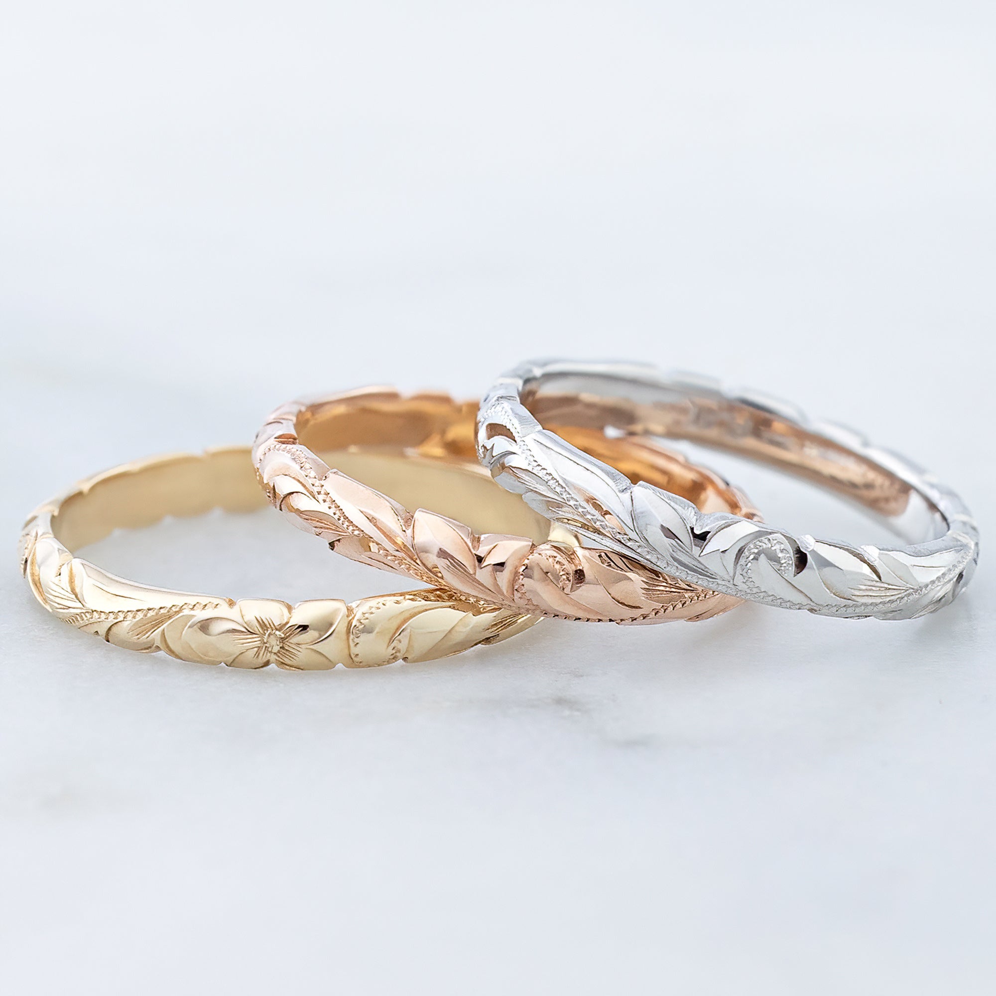 Solid Gold Hand Engraved Wave Edge Ring [3mm] Hawaiian Old English Design - Barrel Shape