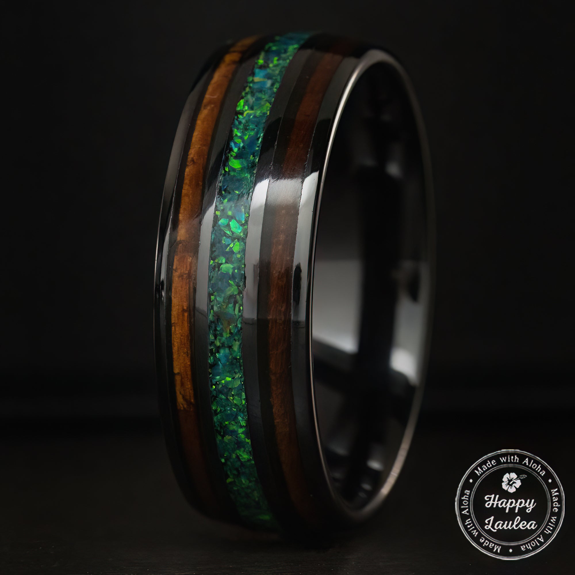 HI-TECH Black Ceramic Ring 'The Aina' [8mm width] Green Opal & Hawaiian Koa Wood