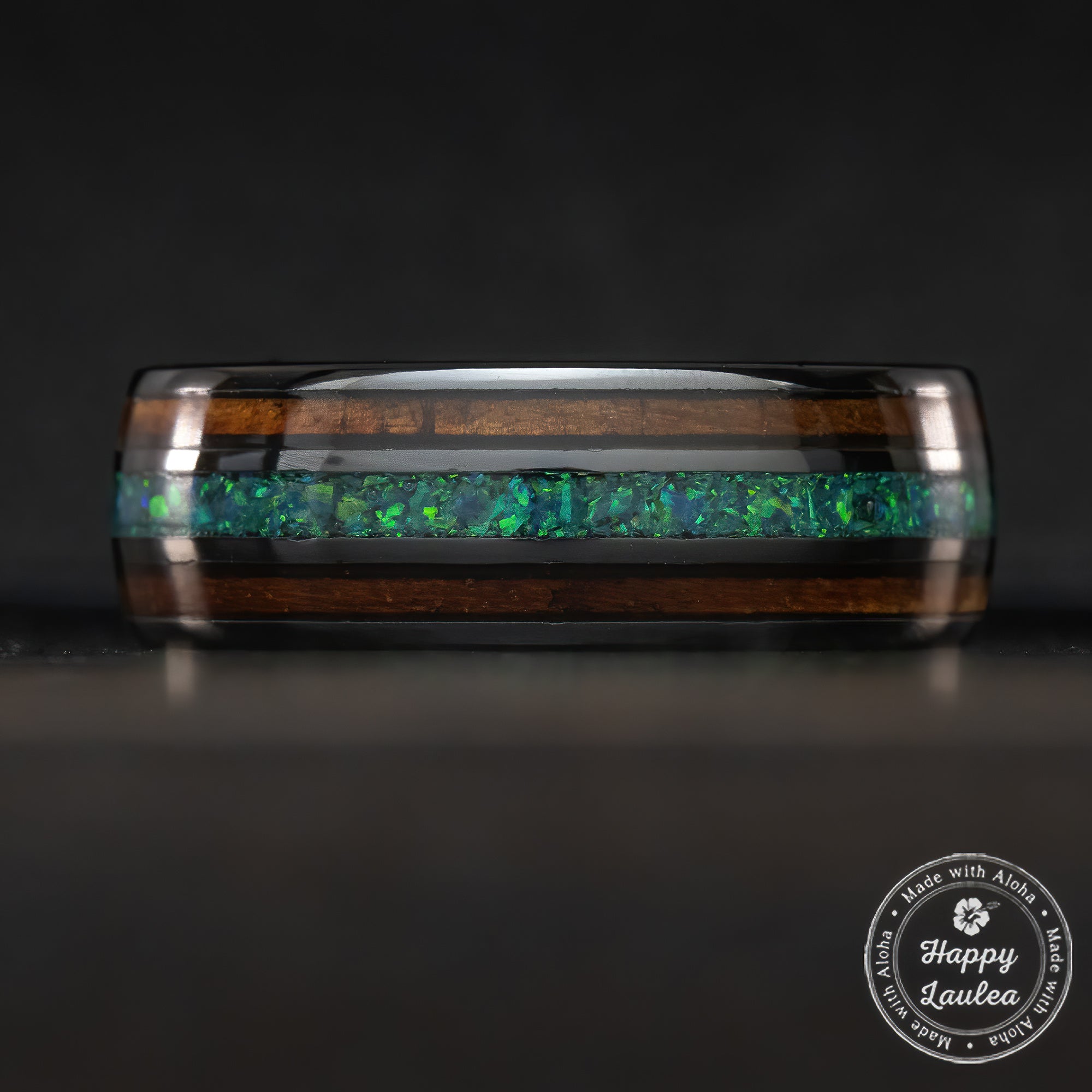 HI-TECH Black Ceramic Ring 'The Aina' [8mm width] Green Opal & Hawaiian Koa Wood