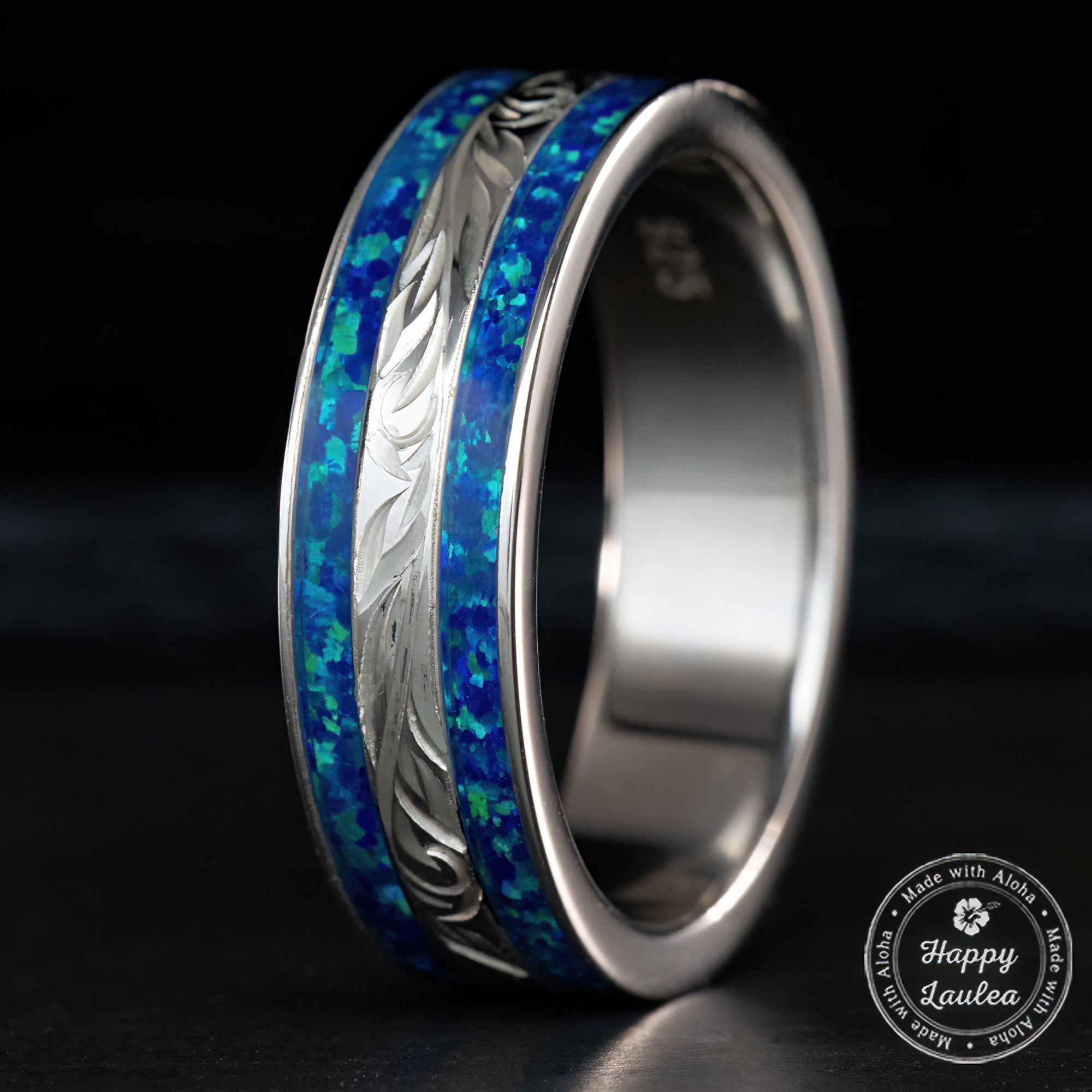 Sterling Silver Hand Engraved Hawaiian Jewelry Ring [6mm width] Azure Blue Opal