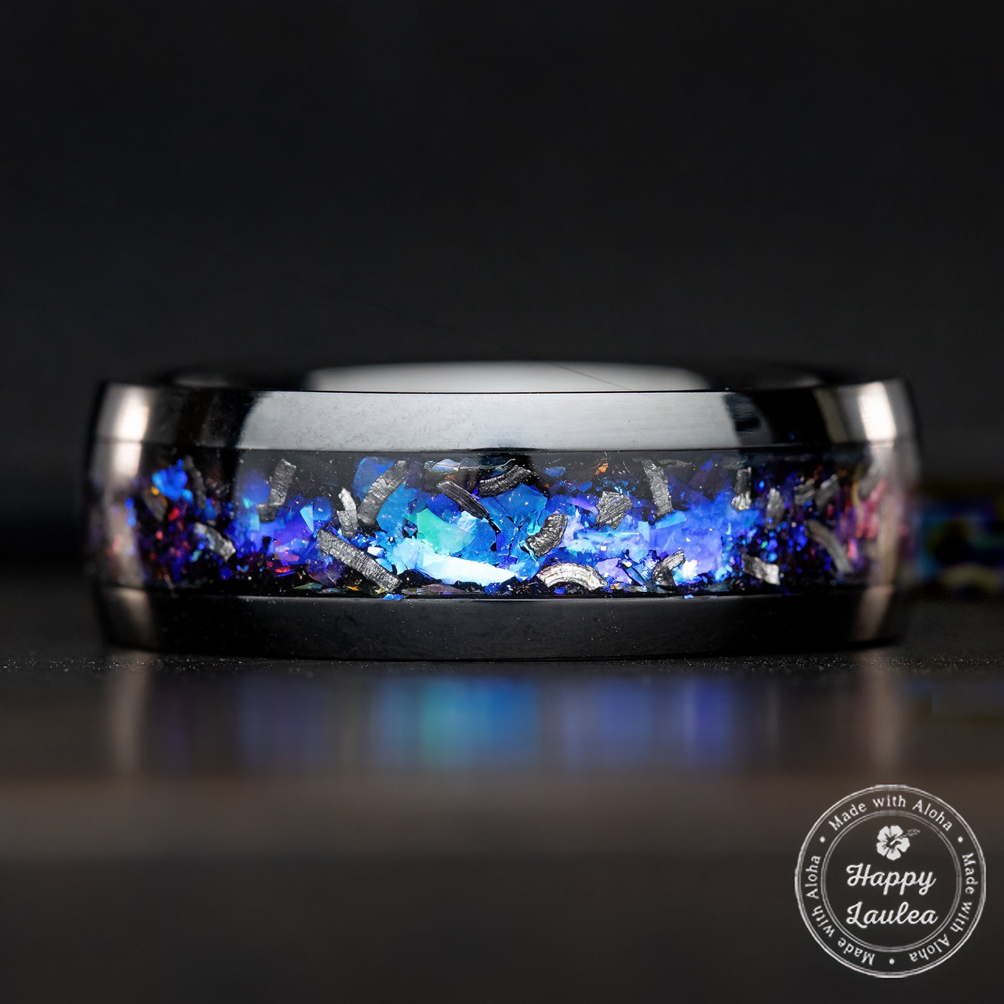 Black Titanium Ring [8mm width] Blue Fire Opal & Meteorite