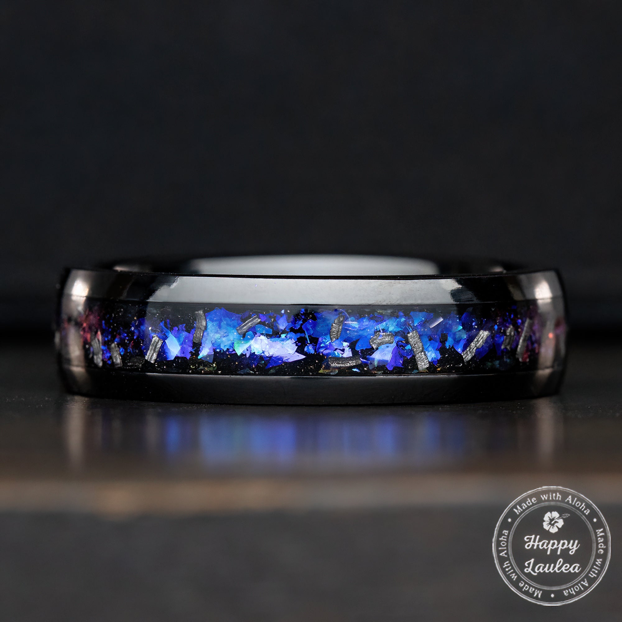 Black Titanium Ring [6mm width] Blue Fire Opal & Meteorite